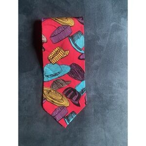 Hand-Painted Fabric Tie Red with Colorful Hats & Caps